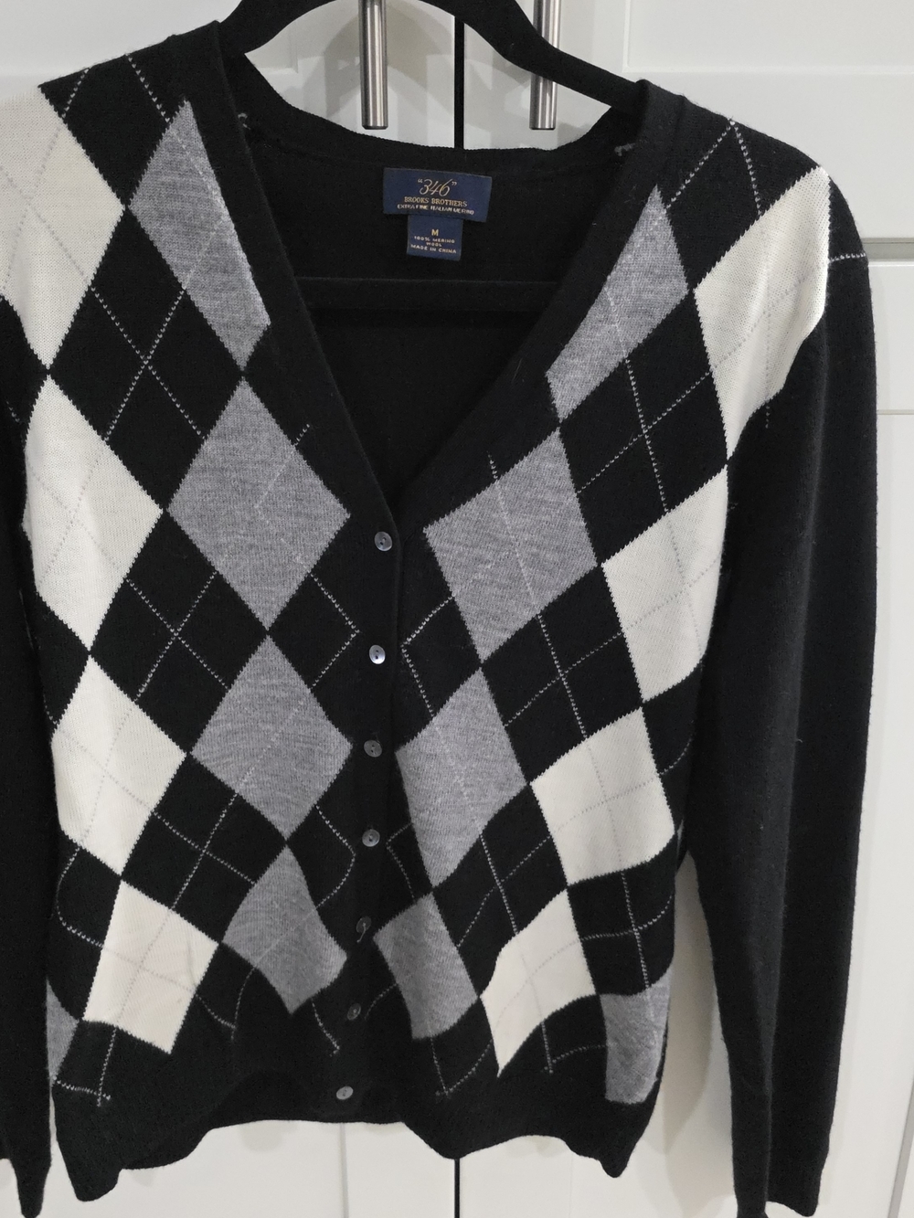 Brooks Brothers Black Gray and White Argyle V-Neck Cardigan